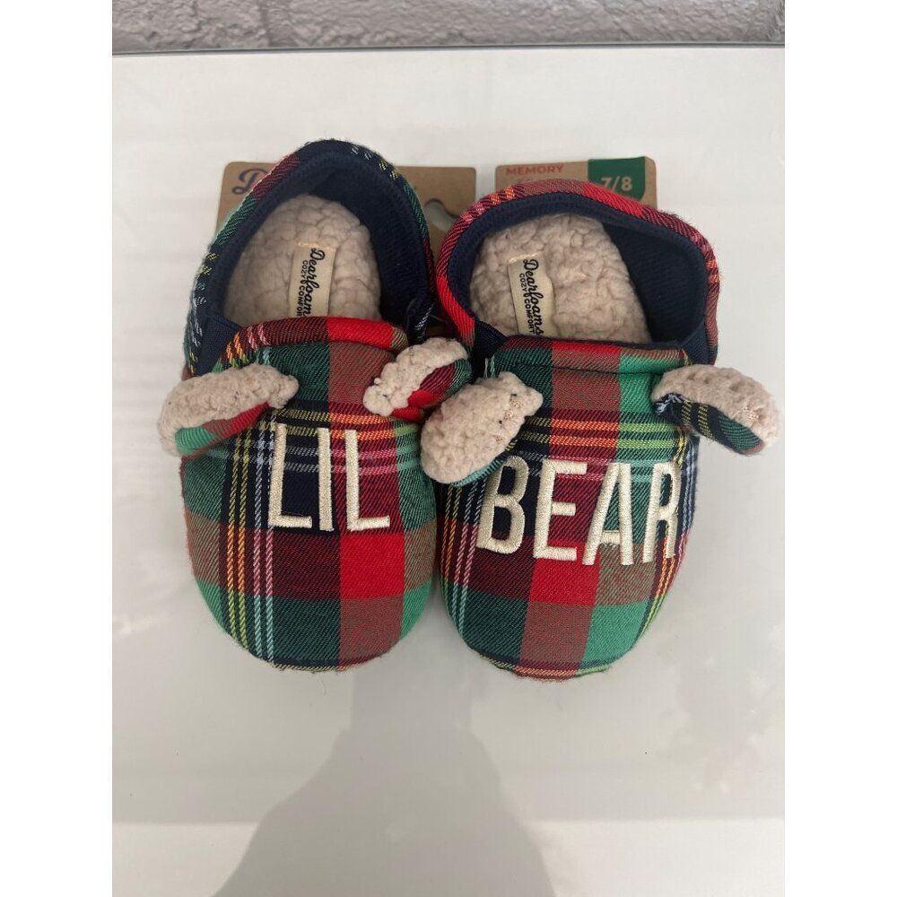 Dearfoams Cozy Comfort Lil Bear Plaid Baby Shoes Size 7/8